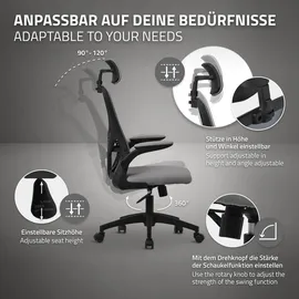 ML-Design Bürostuhl ergonomisch, Grau aus Mesh, mit Verstellbarer Kopfstütze, Armlehnen, Lendenwirbelstütze, Wippfunktion,