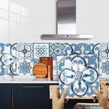 Fliesenaufkleber 30x30cm Marokkanische Retro Blau Klebefliesen Wasserdicht Mosaikfliesen Fliesenaufkleber Bad Fliesenaufkleber Küche Möbeldekoration Küchenrückwand Selbstklebend (10 Stück)