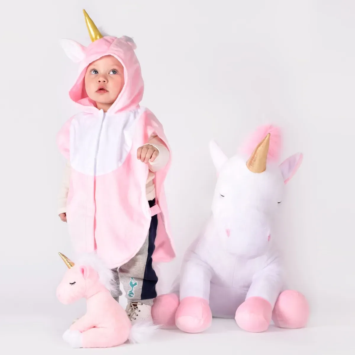 Einhornkostüm für Kinder 1-4 Jahre Babyrosa, Polyester, goldfarbenes Horn, Klettverschluss - Den Goda Fen - Weiche Kapuze, pflegeleicht
