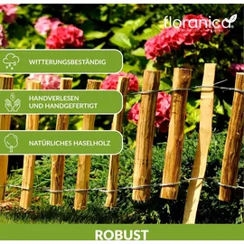 Floranica Staketenzaun aus Haselnuss mit Pfosten 50 cm hoch x lfm Lattenabstand 4-6 Kastanie Gartenzaun Beeteinfassung Steckzaun Rollzaun