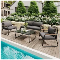 Flieks Gartenlounge-Set, 4-Sitzer Gartenmöbel Balkonset mit Tischplatte aus gehärtetem Glas schwarz