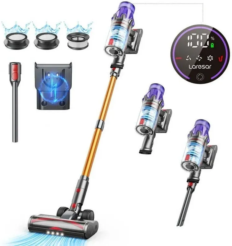 Laresar V7 Akku-Staubsauger, Leichtes Hand-Staubsauger, 50KPa 400W Leistungsstarker Stab-Staubsauger, Touchscreen, 60 Min Laufzeit, 3-Gang-Regelung, für harte Böden/Teppiche