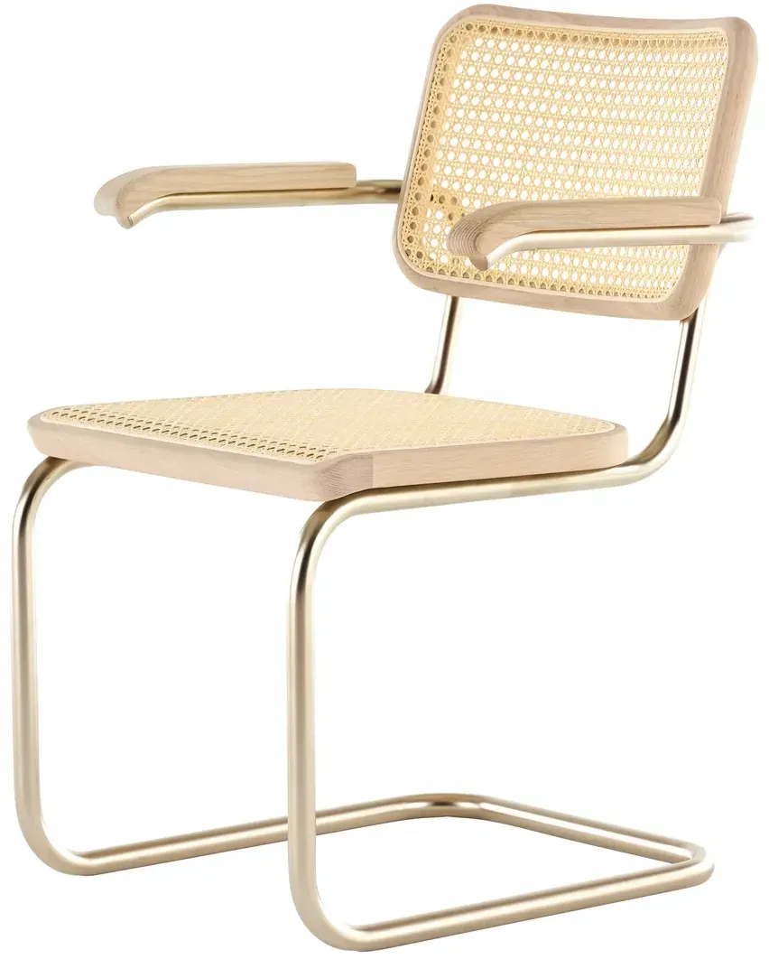 Thonet - JS. THONET a personal Interpretation by Jil Sander S 64 V Nordic Armlehnstuhl, Nickelsilver / Eiche weiß pigmentiert / Rohrgeflecht mit Kunststoffstützgewebe