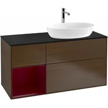 Villeroy & Boch Finion Waschtischunterschrank G802HBGN 120cm, Abdeckplatte black matt, Emotion, Regale Peony matt lacquer, Walnut veneer