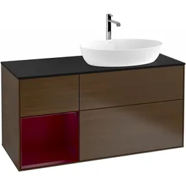 Villeroy & Boch Finion Waschtischunterschrank G802HBGN 120cm, Abdeckplatte black matt, Emotion, Regale Peony matt lacquer, Walnut veneer