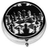Schwarz und Weiß Schach Runde Pillendose Unisex Mini Tragbare Pillendose für Zuhause, Büro und Reisen