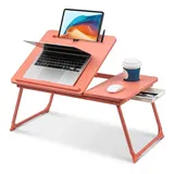 ARATERVIO Faltbarer Laptoptisch, höhenverstellbarer Laptop-Tisch mit Getränkehalter & Lesepult, tragbarer Betttisch für Sofa, Bett und Boden – geeignet zum Lesen und Arbeiten (Rosa)