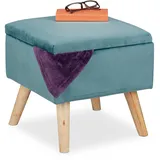 Relaxdays Samthocker mit Stauraum, gepolstert, eckig, mit Holzbeinen, Wohnzimmer Sitzhocker, HBT: 40x40x40 cm, türkis