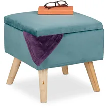 Relaxdays Samthocker mit Stauraum, gepolstert, eckig, mit Holzbeinen, Wohnzimmer Sitzhocker, HBT: 40x40x40 cm, türkis