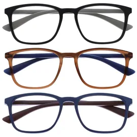 OPULIZE Max Lesebrille 3er Pack - Klassische große rechteckige Fassung - Brillen in mattem Schwarz, Braun und Blau - Herren Damen Unisex - RRR78-123 - +3,50