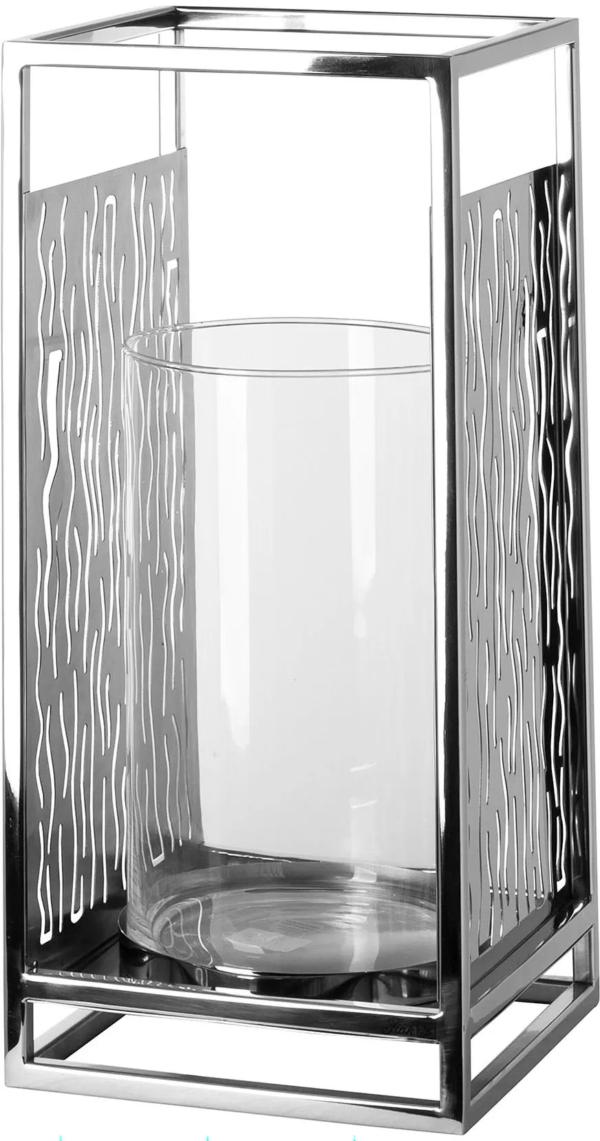 Windlicht FINK "Kerzenhalter NICOSA", silber (silberfarben), B:19cm H:40cm T:19cm, Edelstahl, Glas, Kerzenhalter, aus Edelstahl und Glas, mit ausgestanzten Cut-Outs