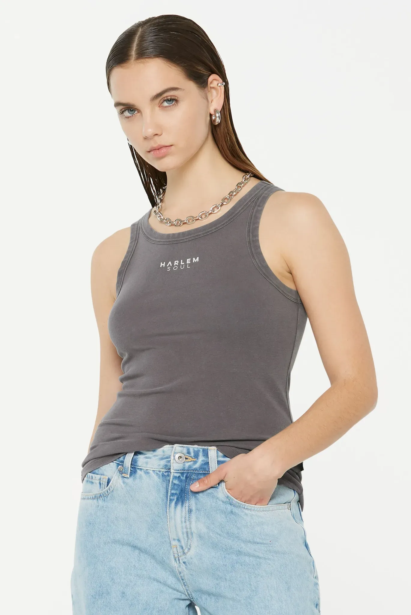 Tanktop HARLEM SOUL, Damen, Gr. S, grau, Single Jersey, Material: 96% Baumwolle, 4% Elasthan, bedruckt, slim fit normal, Rundhals, Tops Tanktop, elastisch & enganliegend