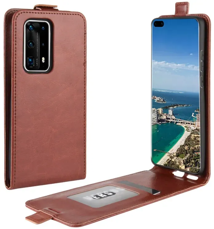 Flip Case Handyhülle für Huawei P40 Pro Vertikal Schutzhülle Tasche Cover Braun Bumper Smartphone Kartensteckplatz-Kreditkarte-Geldscheine EC-Karte Bank-Karte