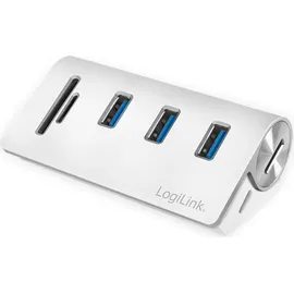 Logilink CR0045 3.2 Port USB 3.0 Hub (3-Port) mit Kartenleser für SD - Micro-SD Speicherkarten, Aluminiumgehäuse, mit eingebautem SD-Kartenleser Silber