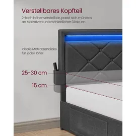 VASAGLE Doppelbettgestell, Bettgestell, 140 x 200 cm, LED, Metallbett, 4 Schubladen, Ladestation, verstellbares gepolstertes Kopfteil, Schiefergrau - Dunkelgrau