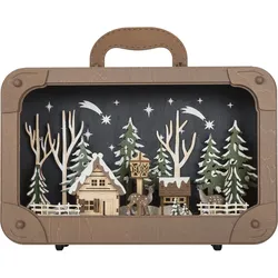 Dekoobjekt "Koffer mit LED-Dekoration, Weihnachtsdeko aus Holz", braun (braun, bunt), B:35cm H:29cm T:8,5cm, MYFLAIR MÖBEL & ACCESSOIRES, Dekofiguren, Dekolicht mit Weihnachtsdorf in verschneiter Landschaft