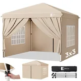 Sunula Pavillon 3x3 Wasserdicht Stabil Winterfest mit 4 Seitenwänden - 2026 Version, Faltpavillon 3x3m mit Verdickten Röhren, Partyzelt Gartenpavillon Faltzelt (Khaki)