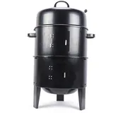 Räucherofen Grilltonne 3in1 BBQ Räucherofen Holzkohlegrill 46 cm mit Deckel, zum Grillen Garen und Räuchern Schwarz