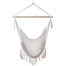 Intirilife Hängesessel Macramee in Beige mit Fransenkante - 90 x 130 cm - Bequeme platzsparende und atmungsaktive Sitzmöglichkeit für Drinnen und Draußen