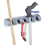 Relaxdays Gerätehalter Wandhalterung, 5 Klemmhalter, 6 Klapphaken, Universal Werkzeughalter für Wand, 40 cm, PP, grau,