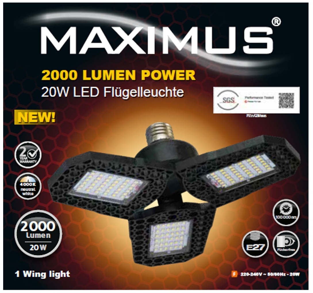 MAXIMUS LED Flügelleuchte 2000 Lumen Power 20 Watt IP20 E27 Fassung