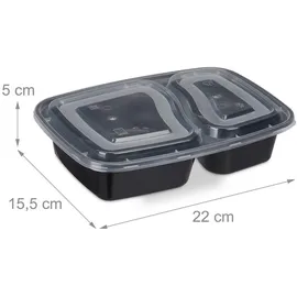 Relaxdays Meal Prep Boxen, 10er Set, 2 Fächer, mikrowellengeeignet, 800 ml, Kunststoff Essensbox mit Deckel, schwarz,