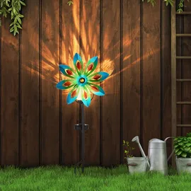 GLOBO Gartendeko Windrad LED Solarleuchte, Glaskugel, bunt Außenlampe Erdspieß, Metall kupferfarben, Bruchglas, warmweiß, 2er Set