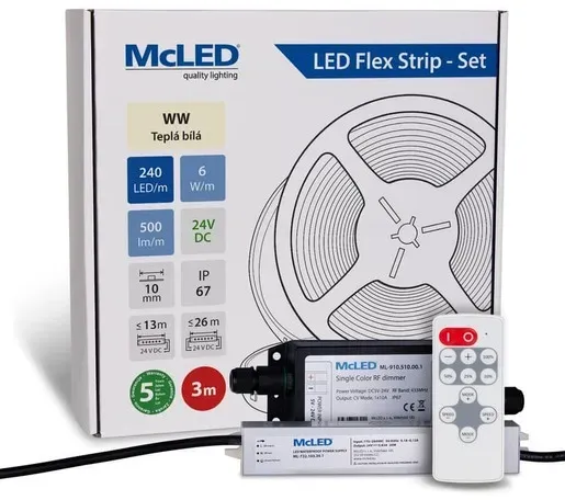 McLED LED-Band - Satz 3 m + Empfänger Nano IP67, 240 LED/m, WW, 6 W/m, DC 24V, 500 lm/m, CRI90, IP67, 10 mm, Konduktor 3 m ML-126.034.90.S03002