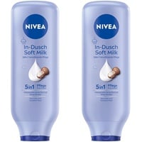 NIVEA In-Dusch Soft Milk (400 ml), Körpercreme mit Shea Butter und wasseraktivierter 5in1 Pflege Formel, feuchtigkeitsspendende Body Lotion für die Dusche (Packung mit 2)