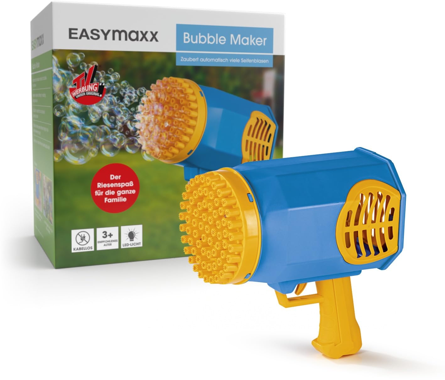 EASYmaxx Seifenblasenpistole | Bubble Maker mit LED-Beleuchtung und Akku | Seifenblasenmaschine für Hunderte von Seifenblasen auf Knopfdruck | Ideal für Kinder, Kindergeburtstage, Hochzeiten, Partys