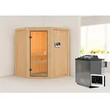 Karibu Sauna Faurin - 68 mm Aktionssauna Bronzierte Ganzglastür Ohne Dachkranz 9 kW Bio-Kombiofen inkl. Steuergerät