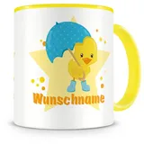 Samunshi® Kindertasse mit Namen Tasse Küken mit Regenschirm Personalisierte Tasse mit Namen Kinder Kinderbecher mit Namen Kindergarten gelb 300ml