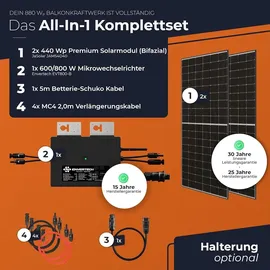 solarway Solarway® Balkonkraftwerk 800W komplett Steckdose - neuester 800 Watt Wechselrichter - Solaranlage Steckerfertig WIFI Komplettset Photovoltaik Anlage