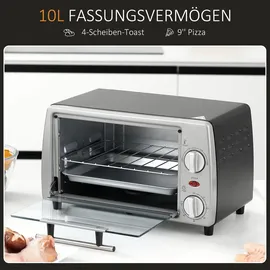 Homcom Mini Backofen 10 Liter 750W Kleiner Elektrobackofen mit Temperatur bis zu 230 °C Timer 60 Minuten Backblech und Rost 36,5x26x22 cm Silber