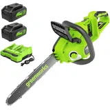 Greenworks 48V(2x24V) Akku Kettensäge mit bürstenlosem Motor, 14 Zoll (35cm) Blattlänge, 20 m/s Kettengeschwindigkeit, Auto-Öler, Mit zwei 4Ah Akkus & Doppel-Ladegerät, 3 Jahre Garantie-GD24X2CS36K4X