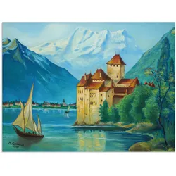 Artland Alu-Dibond-Druck »Schloss Chillon am Genfer See«, Gebäude, (1 St.), für Innen- und Außenbereich geeignet, Outdoorbild Artland Farbe Bild(er): blau