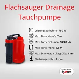 Grafner Flachsaugerpumpe 750W 10500L/h mit integriertem Schwimmschalter