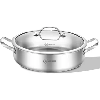 LOLYKITCH Schmorpfanne 28 cm Hoher Rand, Servierpfanne mit Deckel, Edelstahl Unbeschichtet Sautepfanne & Schmortopf