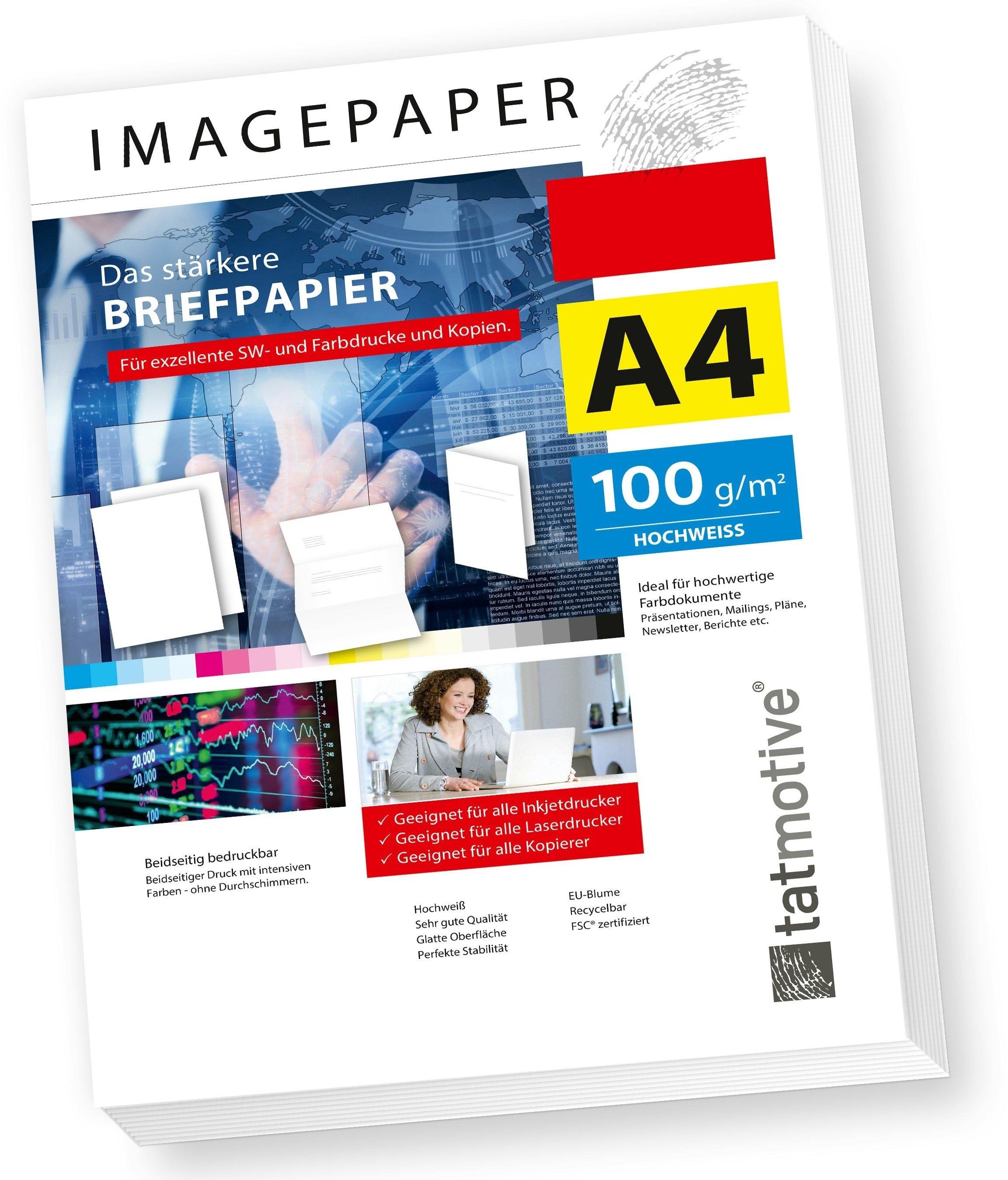TATMOTIVE Imagepaper 100g/qm DIN A4, das stärkere Briefpapier, brillante Drucke für alle Drucker, 1000 Blatt Kopierpapier Druckerpapier weiß