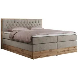 MKS Meble King Boxspringbett 180x200 mit Bettkasten Eiche, Polsterbett 180x200 mit Matratze H3, Bett 180x200 mit Kopfteil, Bett mit Holzrahmen in W... - Beige
