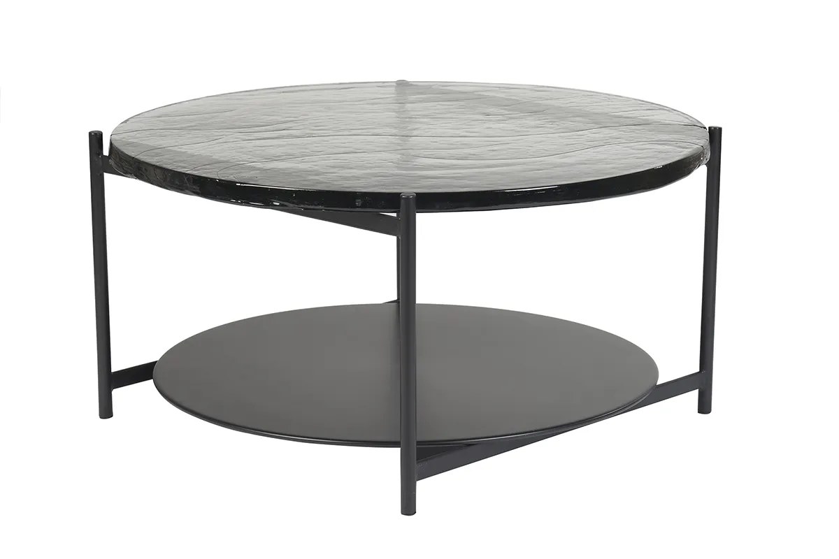 Runder Couchtisch mit zwei Tischplatten aus recyceltem Glas und schwarzem Metall D85 cm WELLE