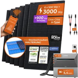 Solarway® All In One Balkonkraftwerk mit Speicher 3000W komplett Steckdose - 5,4 kWh Anker Solix 3 PRO Speicher - Solaranlage Komplettset - 500W bifaziale Solarmodule & Anker Speicher & Zubehör