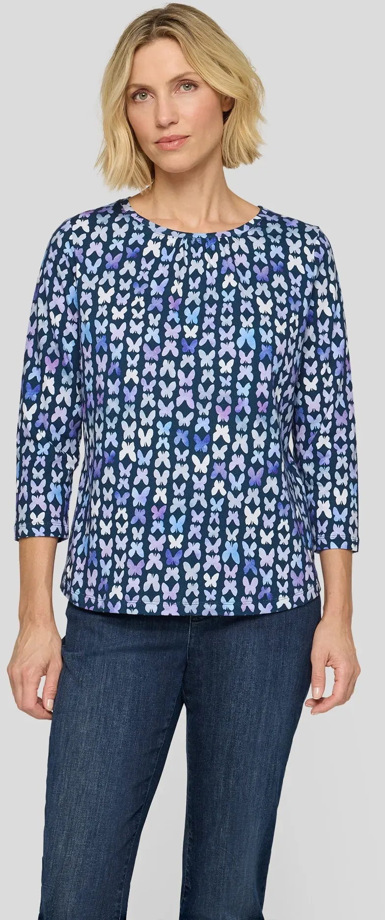 3/4-Arm-Shirt RABE, Damen, Gr. 52, dunkel jeans, Jersey, Obermaterial: 100% Baumwolle, bedruckt, regular fit normal, Rundhals, gerader Abschluss, Shirts 3/4-Arm-Shirt, mit All-Over Print