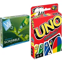 Mattel Games CJT13 Scrabble Kompakt Wörterspiel, Familienspiel geeignet für 2-4 Spieler & UNO Kartenspiel und Gesellschaftspiel, geeignet für 2-10 Spieler, Kartenspiele und Gesellschaftsspiele