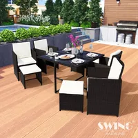 Swing&Harmonie Poly Rattan Sitzgruppe Esstisch Lounge Gartenmöbel Sitzgarnitur Set + 4x Stühle + 4x Hocker - schwarz