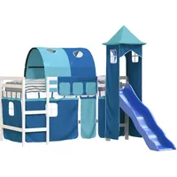 Goldicoo Kinder Hochbett mit Vorhänge, Tunnel, Rutsche & Turm – Rosa Blau Schwarz – 80x200 90x190 90x200 – Massivholz Kiefer – Spielbett Kinderbett für Jungen und Mädchen