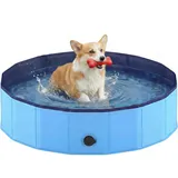 Hundepool faltbar aus kratzfestem PVC-Material, Ø 80 cm, Höhe 20 cm, Anti-Rutsch-Belag & Abflussstopfen für schnelle Entleerung, Keine Pumpe benötigt, robuster Kinderpool, Blau