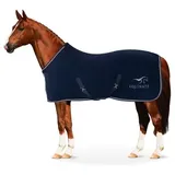 Equinate Abschwitzdecke Arizona aus Polarfleece mit Kreuzbegurtung und Zierkordeln navy
