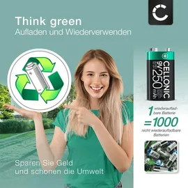 Cellonic 9V Akku – Wiederaufladbarer NiMH Akku 9V / E Block / 6F22 / 6LR61 / AM-61 langlebiger Blockakku (1 Stück, 250mAh) kompatibel mit Mikrofon, Rauchmelder, Funkgerät, Spielzeug