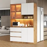 Merax Küchenschrank Küchenvitrine mit LED-Beleuchtung, 3 Schubladen, 6 Türen, Ablagebretter, Multifunktional, Hochschrank, Buffetschrank, Weiß+... - Naturbelassen